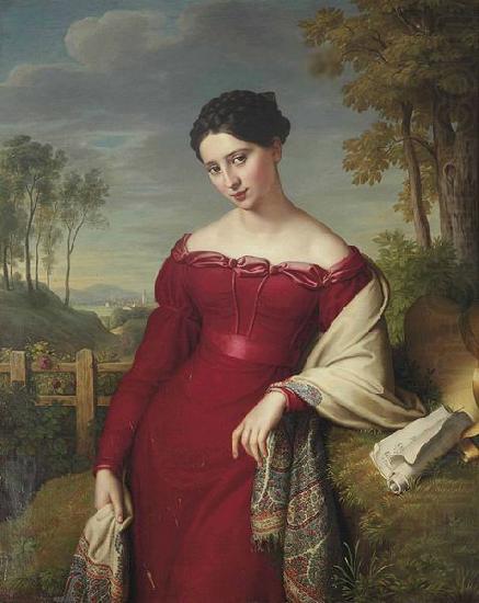 Portrait of a young lady in a red dress with a paisley shawl, Eduard Friedrich Leybold